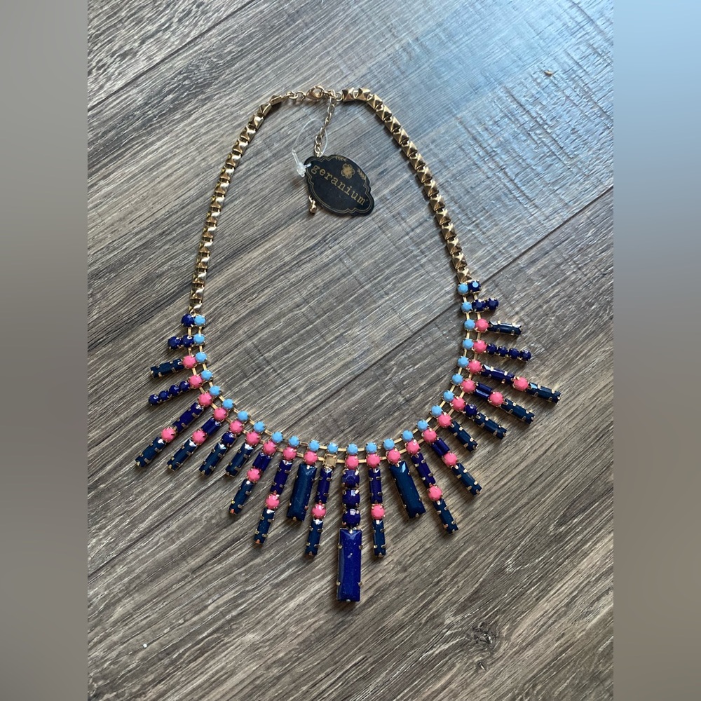 Geranium gold toned statement necklace with navy abs pink accents NWT